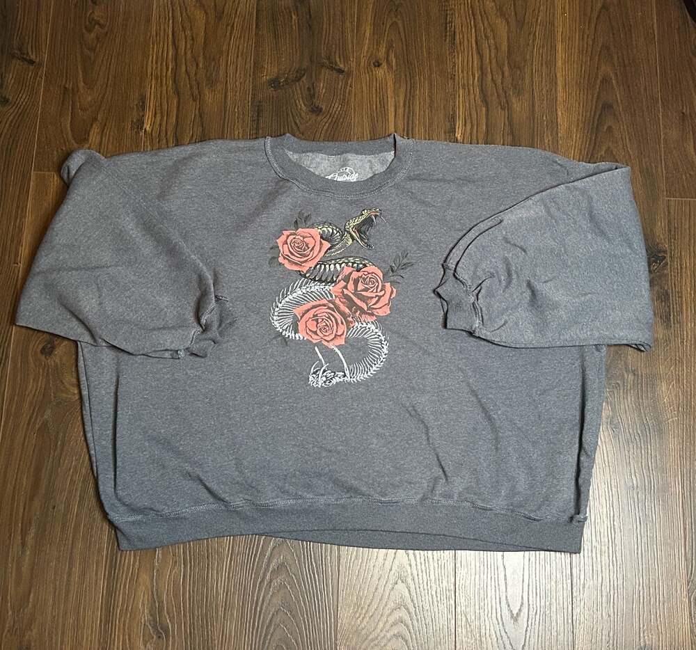 Live Outside The Limits Grey Crewneck Sweatshirt with Snake and Roses Graphic